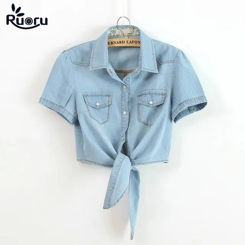 Kimono Crop Top Summer Women Girls Short Denim Shirts Tie up Jeans Blouse Students Coats Denim Women Shirts Cute Tops