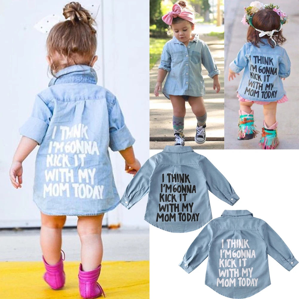 US Stock Toddler Kid Baby Girl Autumn Clothes Denim Long Sleeve Shirt Blouse Coat Shirt Jacket Letter Print 2-7Year Ropa De