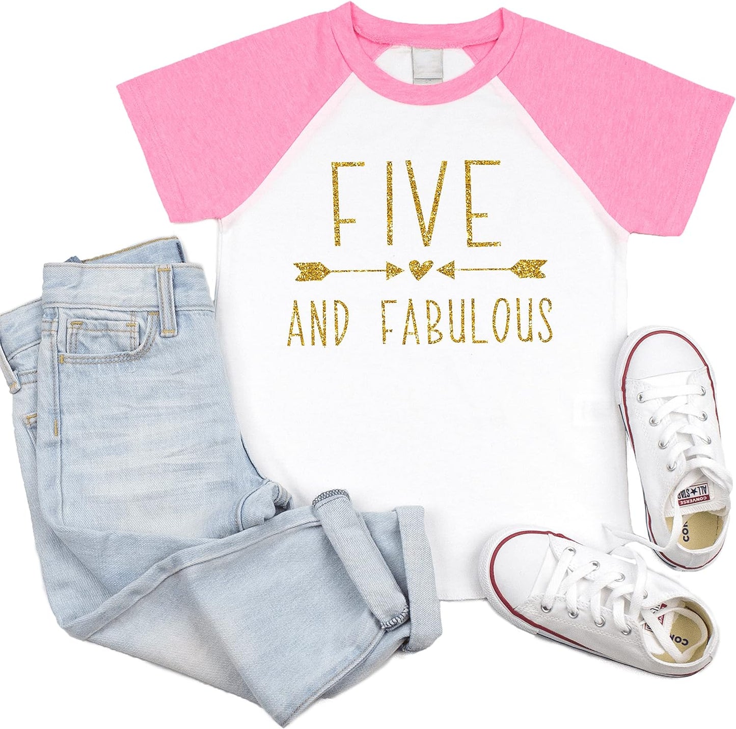 Fifth Birthday Outfit Girl Five Year Old Girl Birthday T-Shirt (5T Pink Raglan)