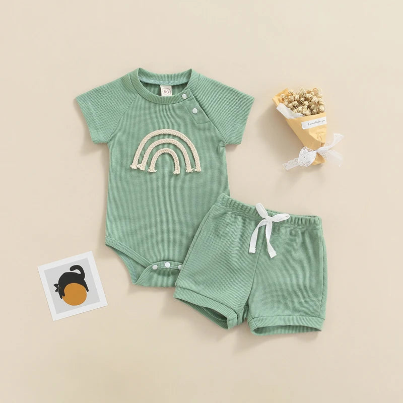 Summer 2022 Toddler Baby Girls Boys 2Pcs Clothes Set Tracksuits Infant Rainbow Short Sleeve Buckle Romper+Shorts Clothing Outfit