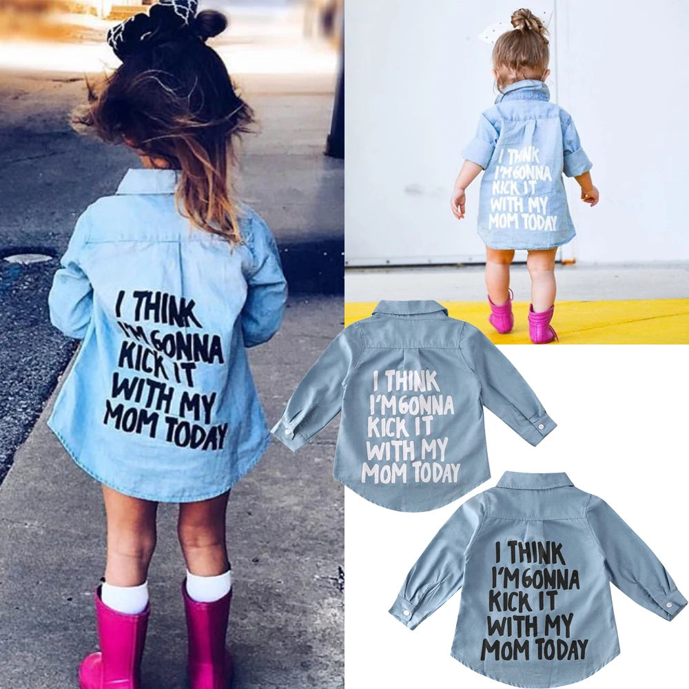 US Stock Toddler Kid Baby Girl Autumn Clothes Denim Long Sleeve Shirt Blouse Coat Shirt Jacket Letter Print 2-7Year Ropa De