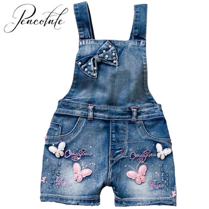 3-9T Summer Children Kids Little Girls Romper Shorts Denim Shorts Jeans Cotton Denim Bib Braces Rompers