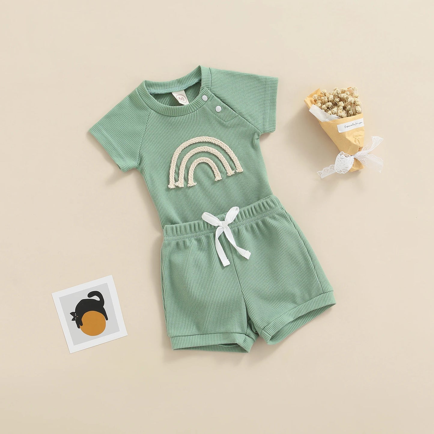 Summer 2022 Toddler Baby Girls Boys 2Pcs Clothes Set Tracksuits Infant Rainbow Short Sleeve Buckle Romper+Shorts Clothing Outfit