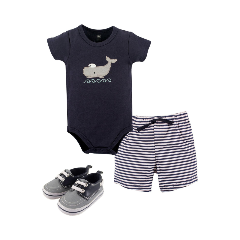 Unisex Baby Cotton Bodysuit, Shorts and Shoe Set