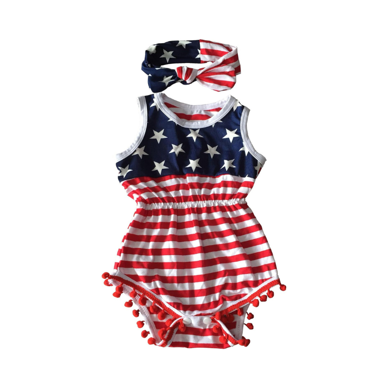 4Th of July Baby Girl American Flag Romper with Headband