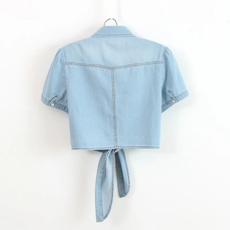 Kimono Crop Top Summer Women Girls Short Denim Shirts Tie up Jeans Blouse Students Coats Denim Women Shirts Cute Tops